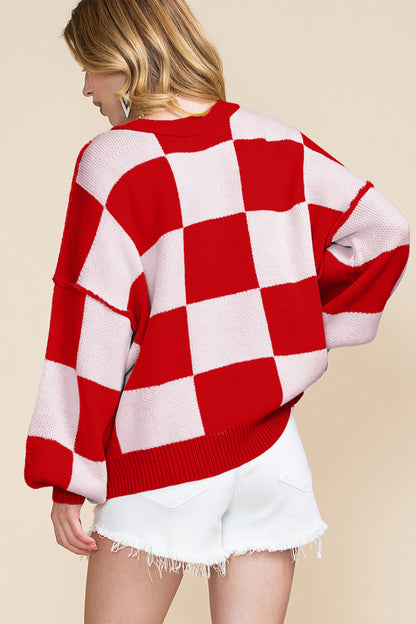 Women’s Oversized Checkerboard Knit Sweater – Crewneck Pullover