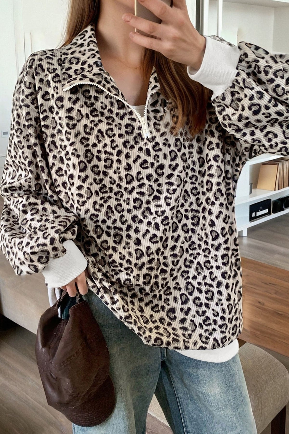Women’s Leopard Print Half-Zip Oversized Pullover