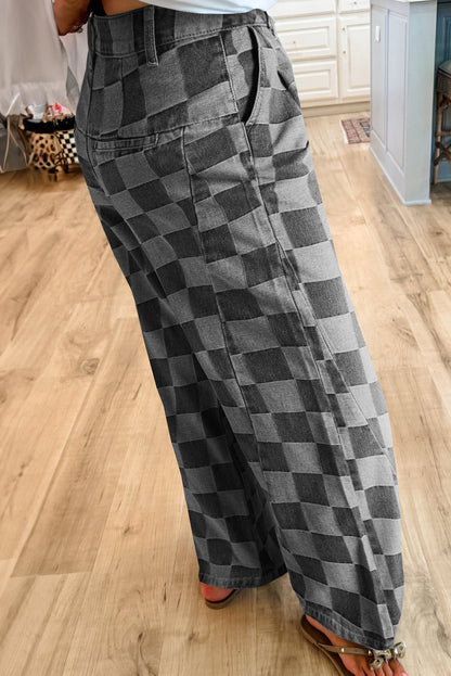 Gray Checkerboard Wide-Leg Pants