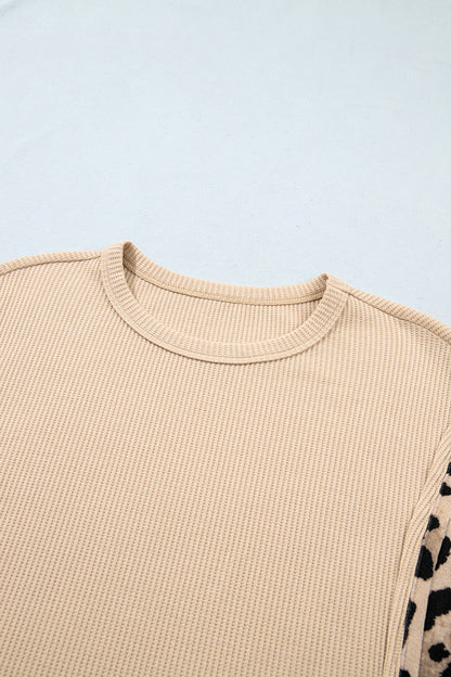 Beige Waffle Knit Top with Leopard Print Sleeves