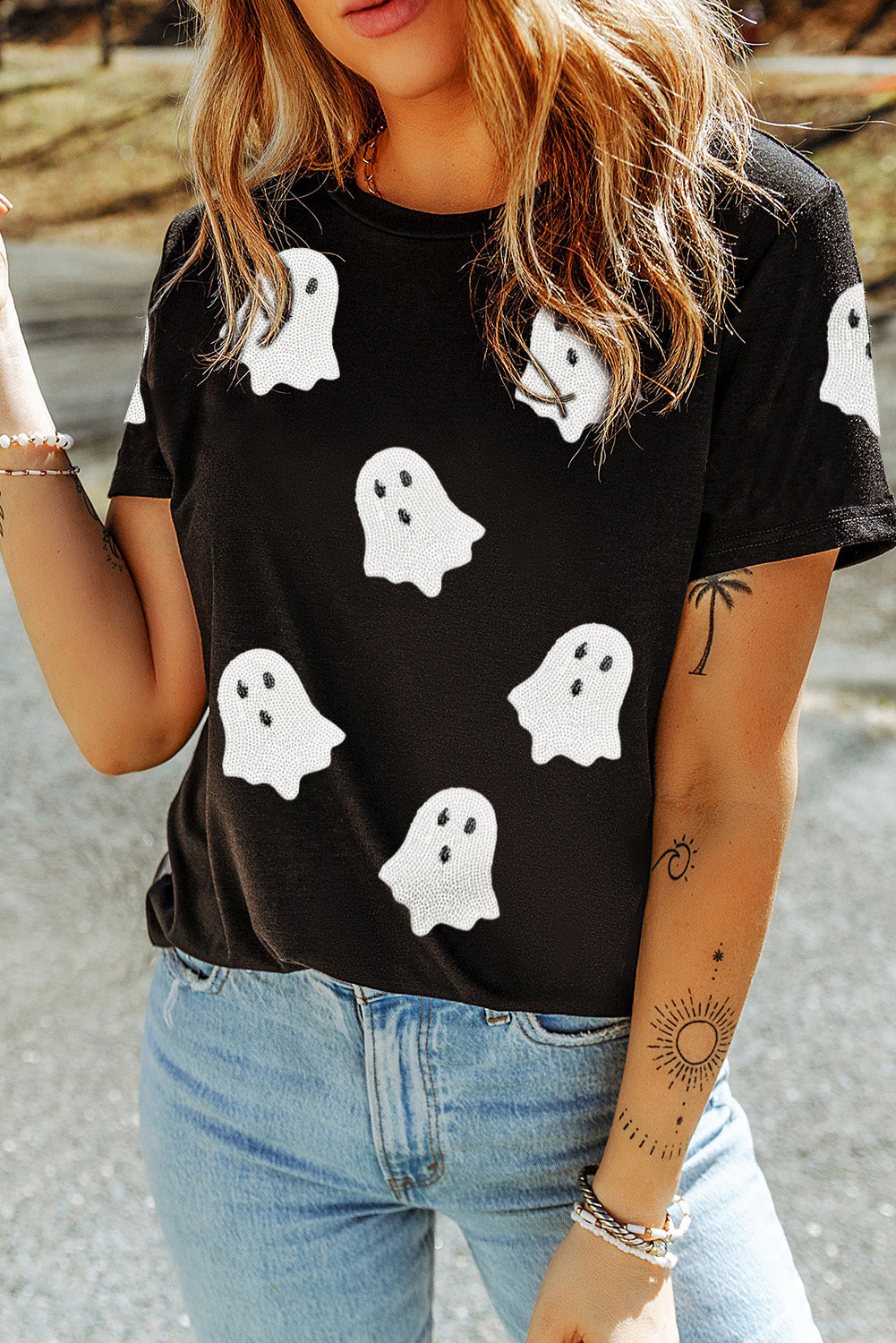 Pink Ghost Print Halloween T-Shirt