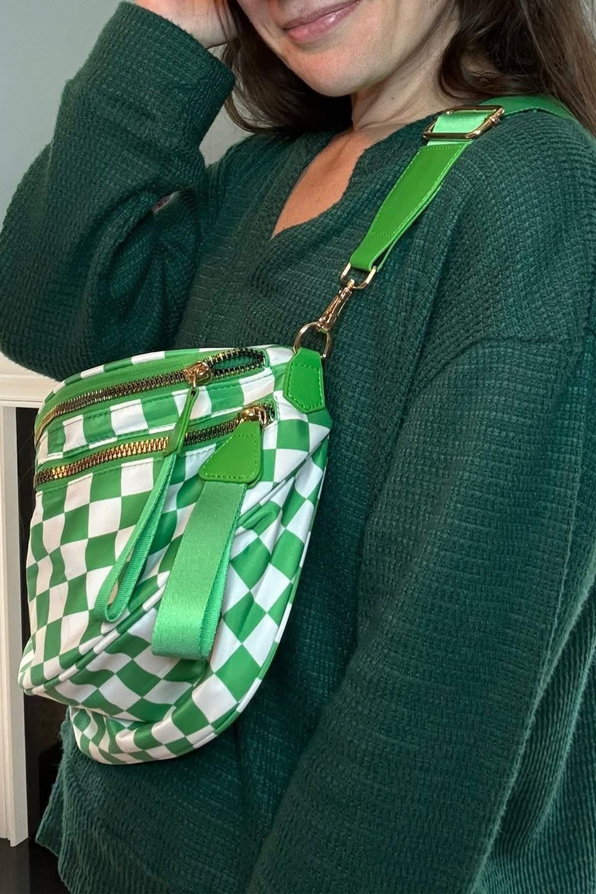 Chicory Coffee Checkered Print Wide Strap Large Crossbody Bag