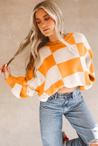Women’s Oversized Checkerboard Knit Sweater – Crewneck Pullover