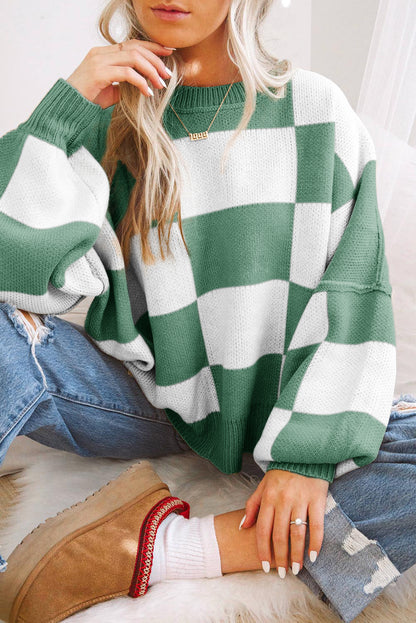 Women’s Oversized Checkerboard Knit Sweater – Crewneck Pullover