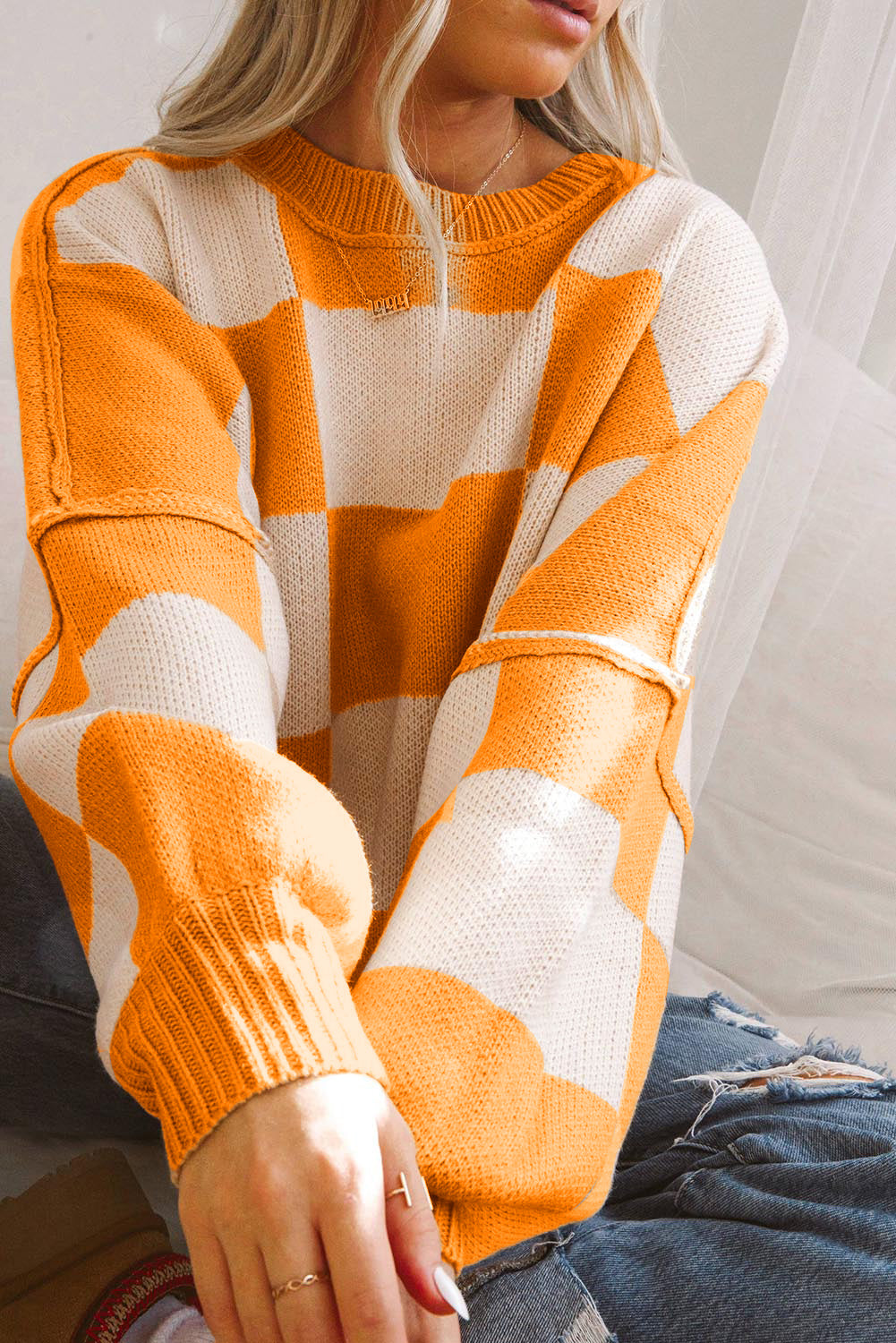 Women’s Oversized Checkerboard Knit Sweater – Crewneck Pullover