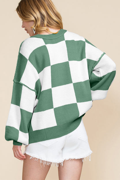 Women’s Oversized Checkerboard Knit Sweater – Crewneck Pullover
