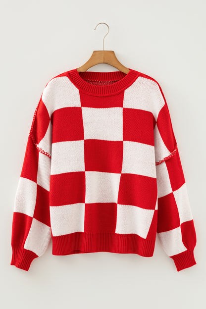 Women’s Oversized Checkerboard Knit Sweater – Crewneck Pullover