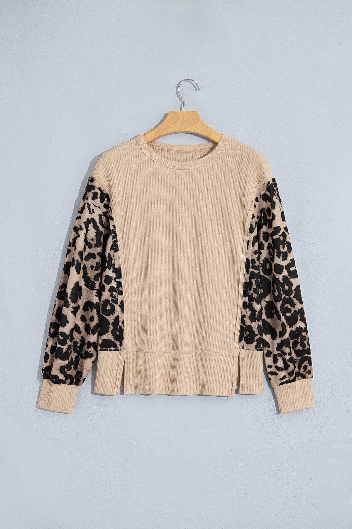 Beige Waffle Knit Top with Leopard Print Sleeves