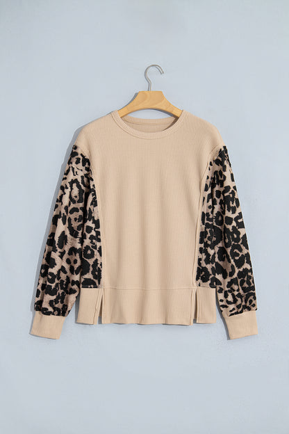 Beige Waffle Knit Top with Leopard Print Sleeves