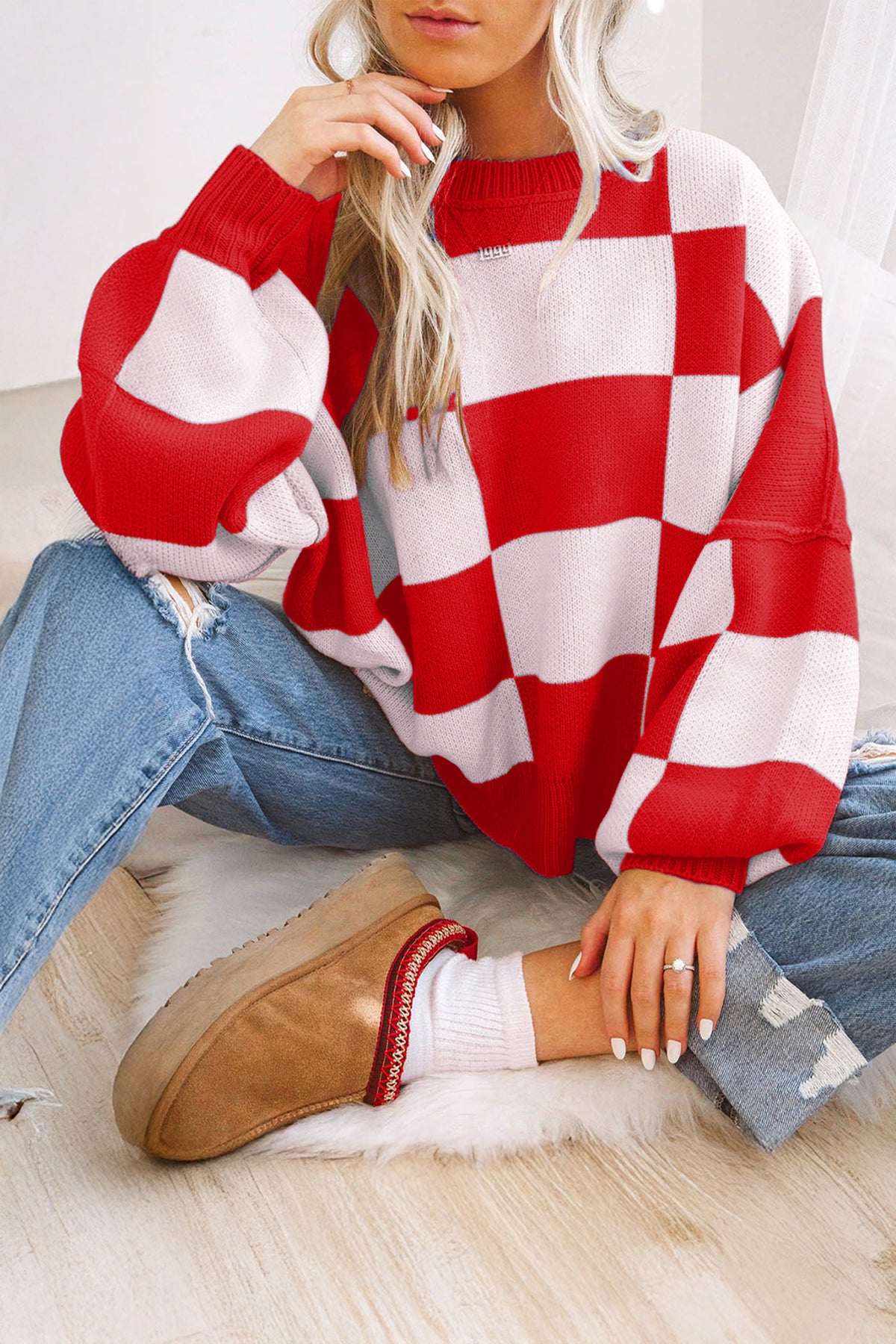 Women’s Oversized Checkerboard Knit Sweater – Crewneck Pullover