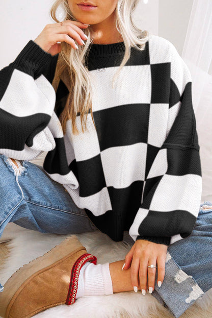 Women’s Oversized Checkerboard Knit Sweater – Crewneck Pullover