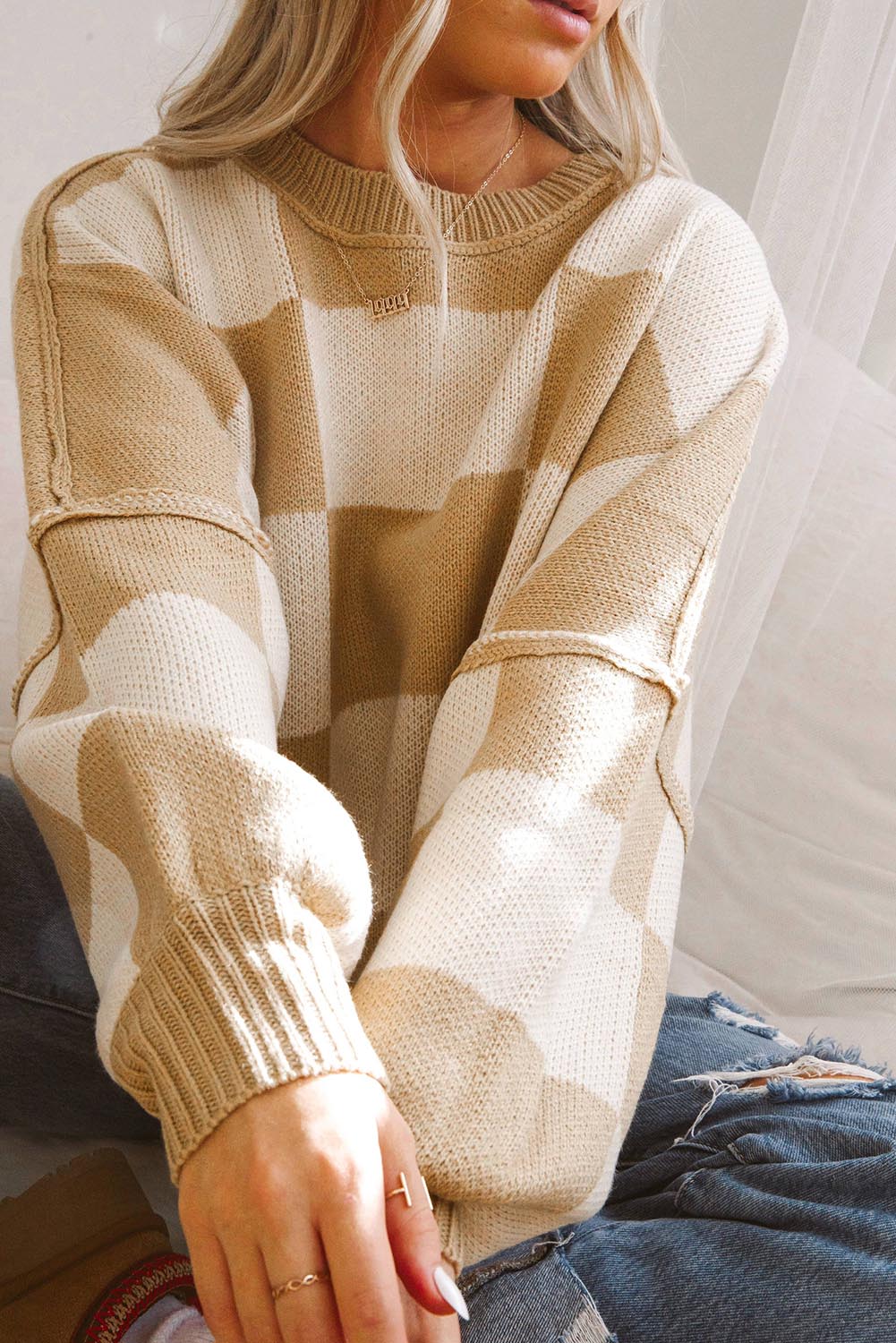 Women’s Oversized Checkerboard Knit Sweater – Crewneck Pullover
