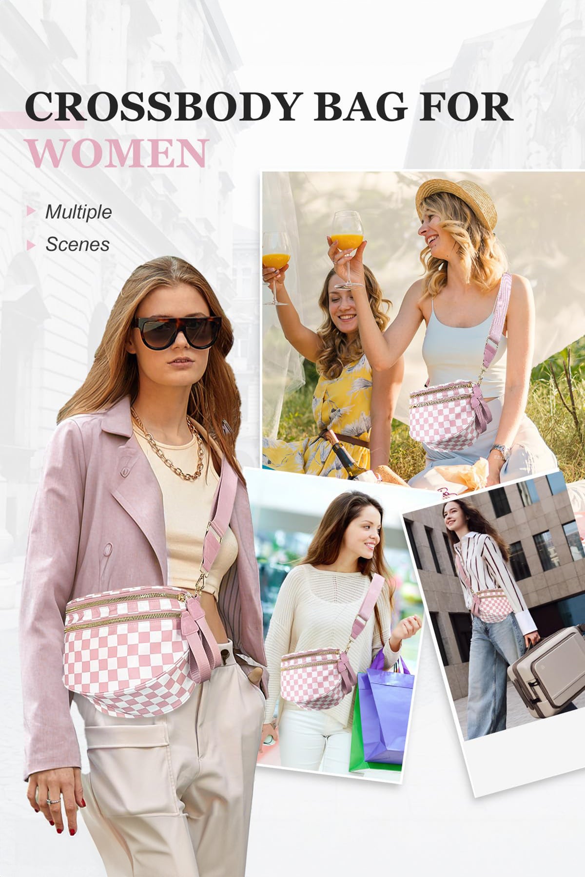 Chicory Coffee Checkered Print Wide Strap Large Crossbody Bag