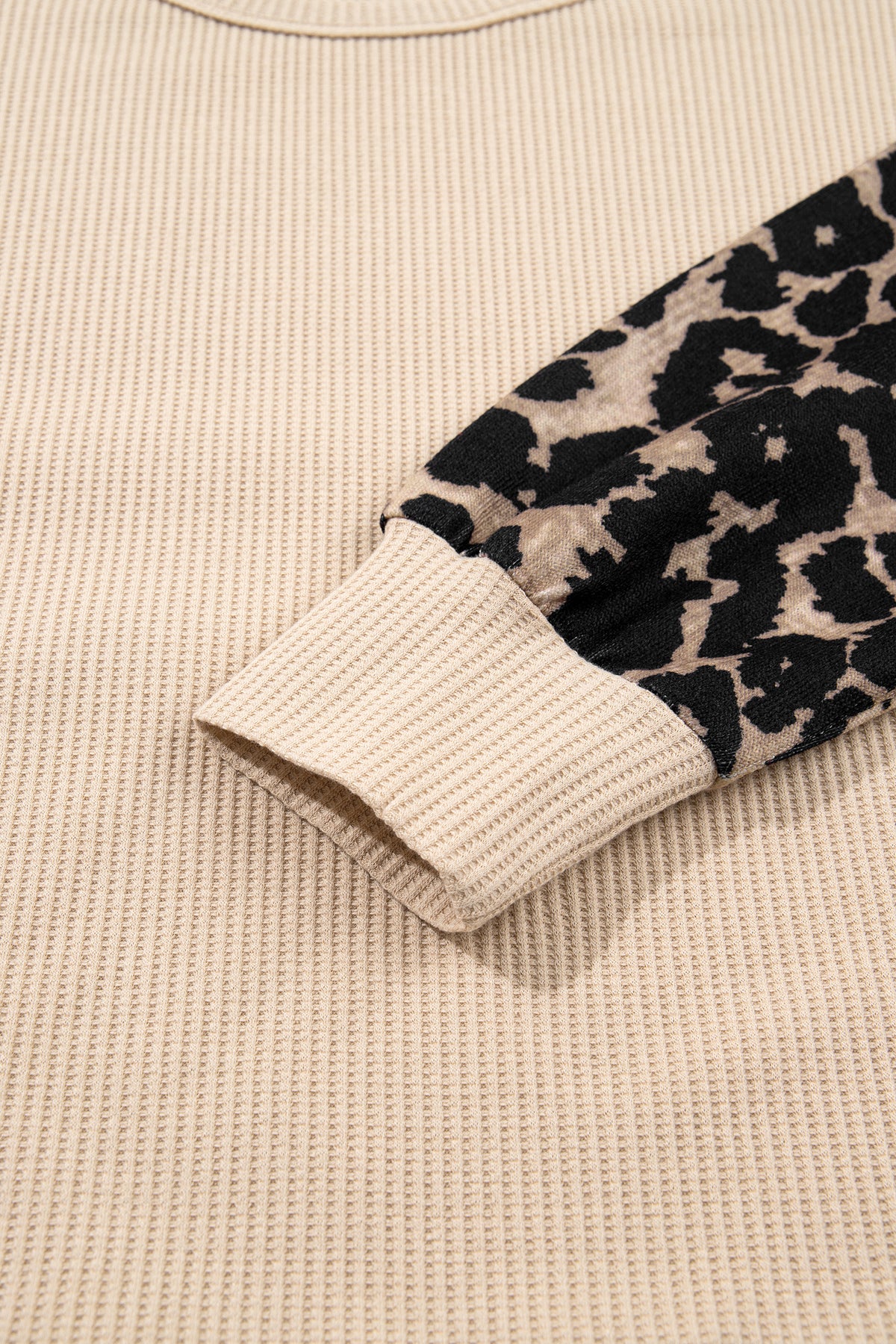 Beige Waffle Knit Top with Leopard Print Sleeves