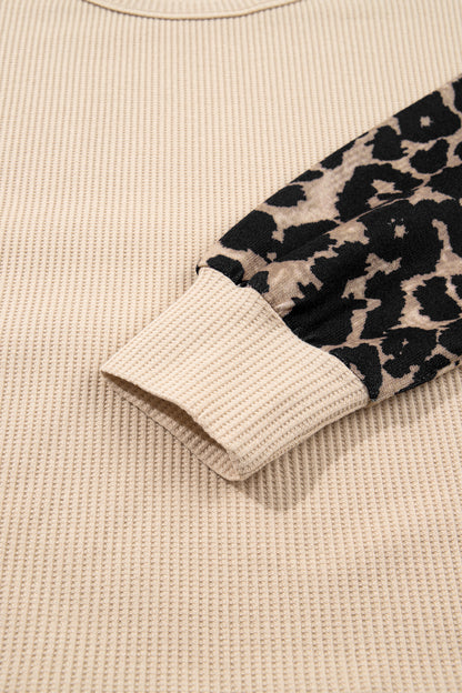 Beige Waffle Knit Top with Leopard Print Sleeves