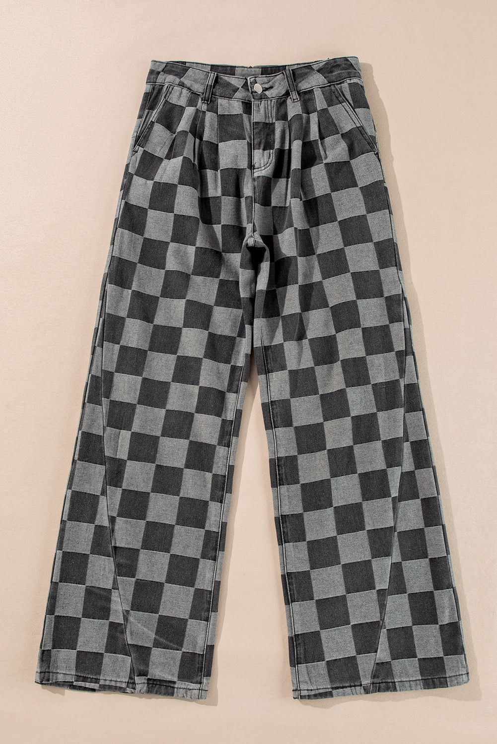 Gray Checkerboard Wide-Leg Pants