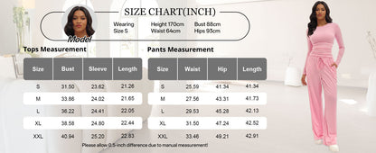 A pink women's two-piece tracksuit shown on a model, alongside a size chart graphic detailing measurements in inches and a size table from S to XXL.